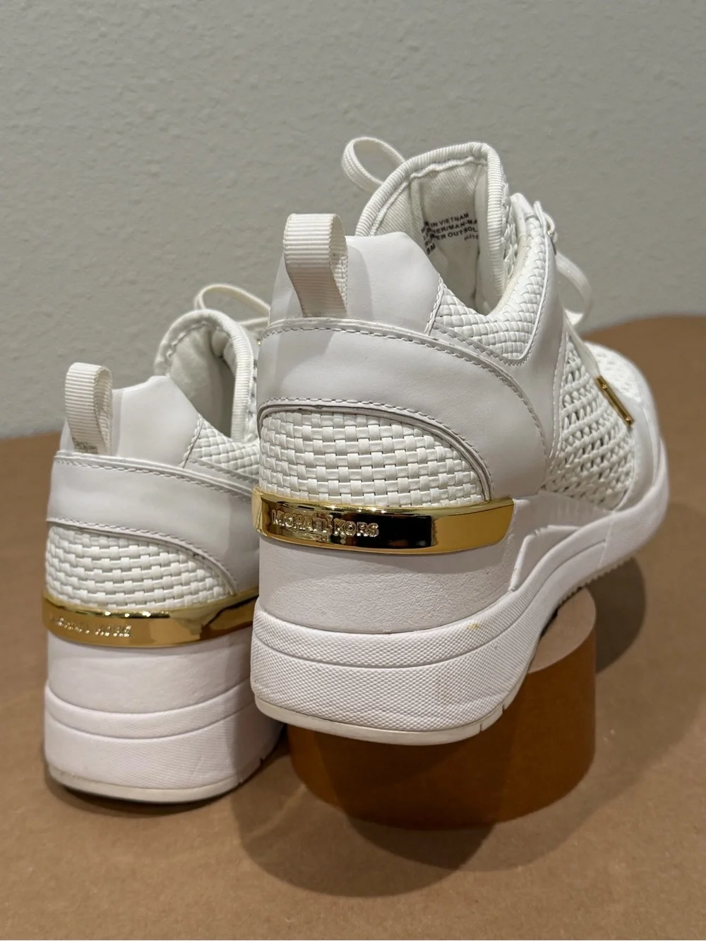 Michael Kors White Woven Leather Wedge Sneakers Gold Hardware Women’s Size- 8
